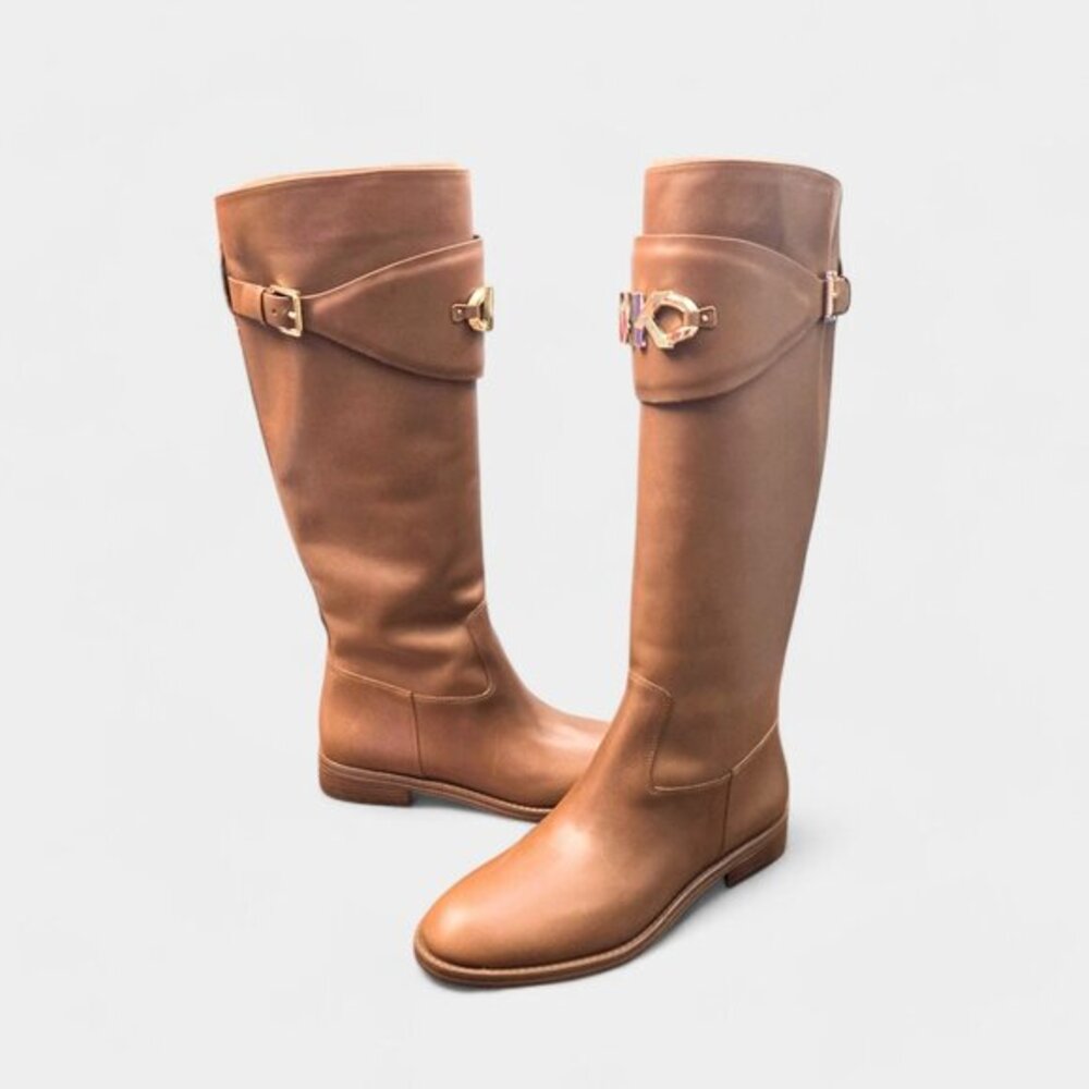 Michael Kors Izzy Tall Leather Riding Boots Luggage Tan Logo 9.5M Equestrian NEW